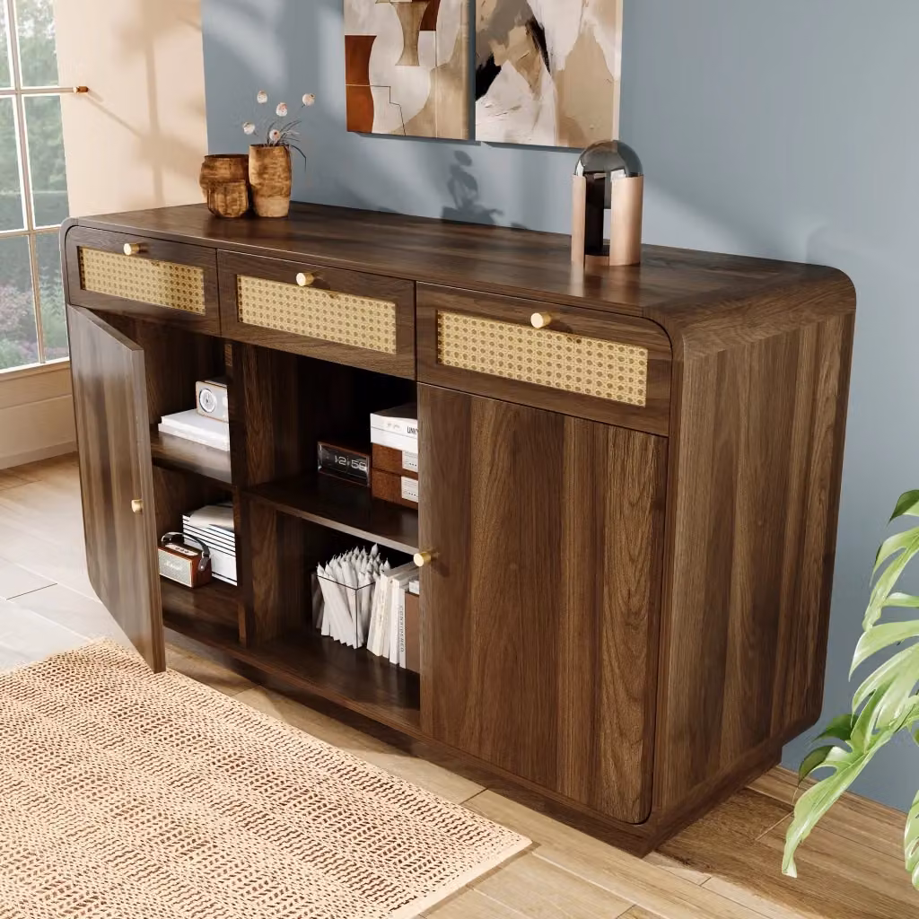 Sideboard WISHDOR in legno e rattan marrone con dettagli oro, L: 120 cm – 2