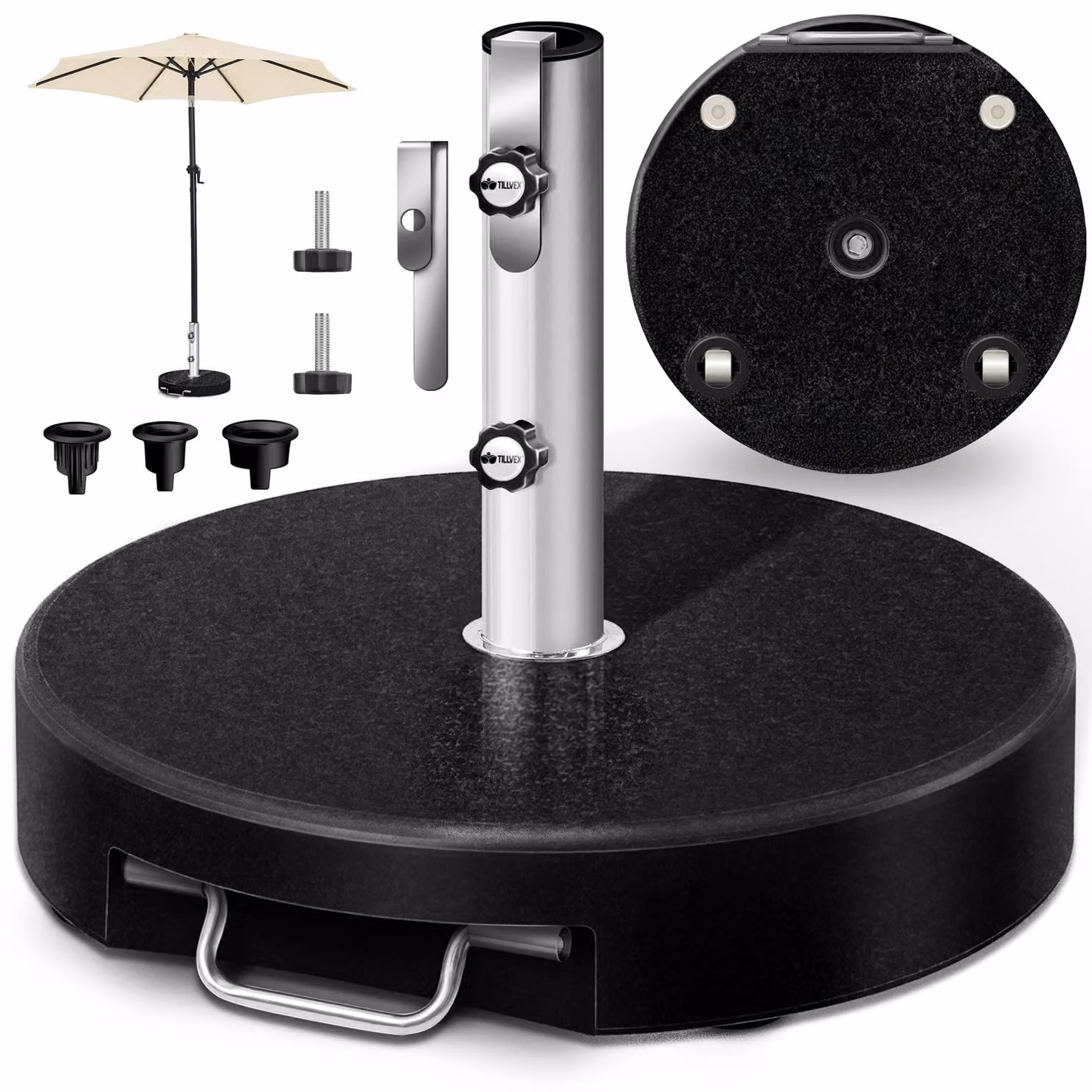 Supporto per ombrellone in granito tillvex® con rotelle e manico telescopico, 27 kg, nero - rotondo | Supporto per ombrellone con tubo in acciaio inossidabile | Supporto per balcone per aste da 16-48 mm e ombrelloni con diametro fino a 300 cm