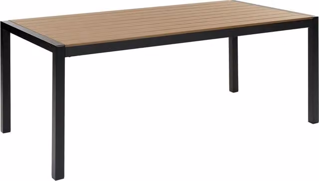 Tavolo rettangolare moderno Beliani in alluminio verniciato nero e composito marrone per giardino e terrazza L: 150 cm, P: 90 cm, H: 76 cm