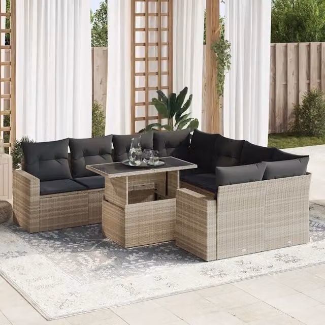 Set Divano da Giardino a L vidaXL 9 Pezzi con Cuscini Grigio Chiaro e Tavolino in Vetro – 1