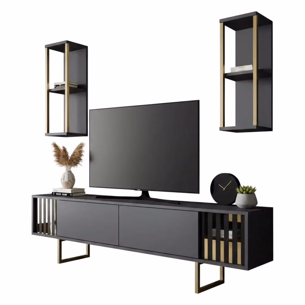 Mobile porta TV Artinay DMORA, Credenza moderna per soggiorno in metallo, Antracite e Oro, L: 180 cm, P: 30 cm, H: 48 cm – 2