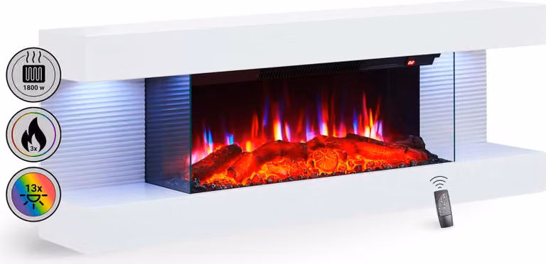 Camino elettrico da parete BALDERIA Lumina – Potenza termica fino a 1800 W, effetto fiamma 3D, bianco