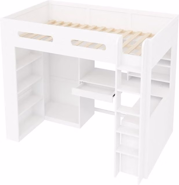 Letto a soppalco 90x200 cm con scrivania integrata, armadio aperto, mensole, cassetto, illuminazione LED e presa USB, bianco