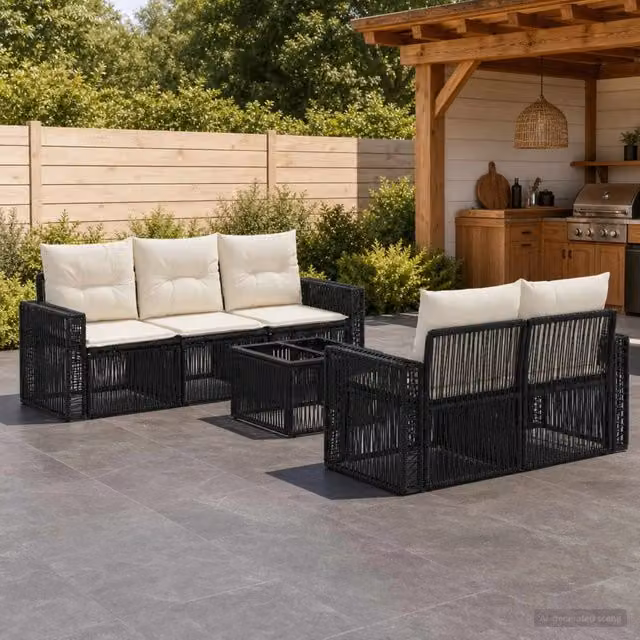 Set da giardino moderno vidaXL a forma di L composto da 6 pezzi con divano a 3 posti, tavolino da caffè e cuscini imbottiti in colore nero – 1