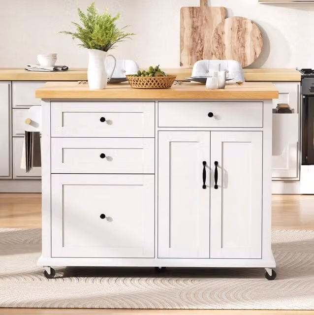 Isola da cucina 107x45-70x90.5 cm con piano estraibile in MDF bianco e naturale