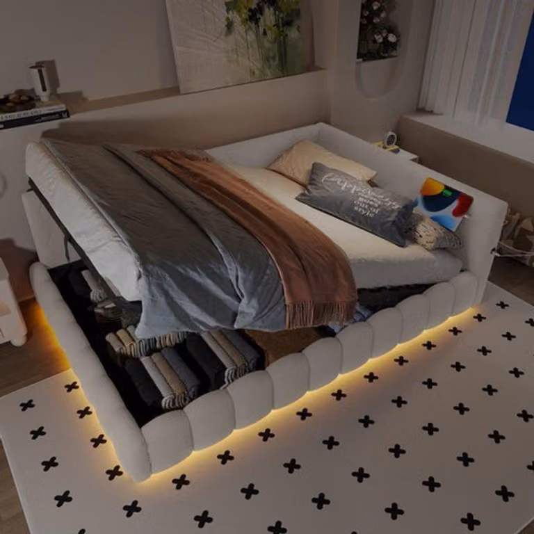 Divano letto 140x200 cm - Senza materasso - Con barra luminosa LED - Sistema di sollevamento idraulico - Porta USB