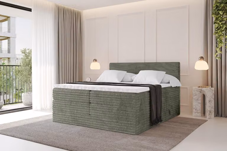 Letto boxspring ALTDECOR - TOLO-v1 KING 120x200 Cord - Olive - Set completo con materassi H3 e H4 e topper, letto imbottito con cassetti, rete a doghe, letto con contenitore, letto matrimoniale, letto boxspring