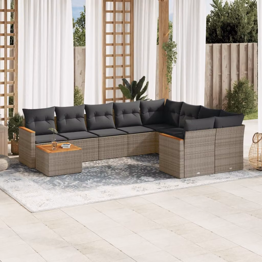 vidaXL Set Divano da Giardino 10 pz a Forma di L con Cuscini Grigio in Polyrattan e Telaio in Metallo – 1