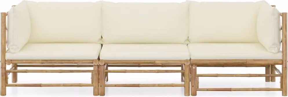Set Divani da Giardino 3 pz con Cuscini Bianco Crema in Bambù