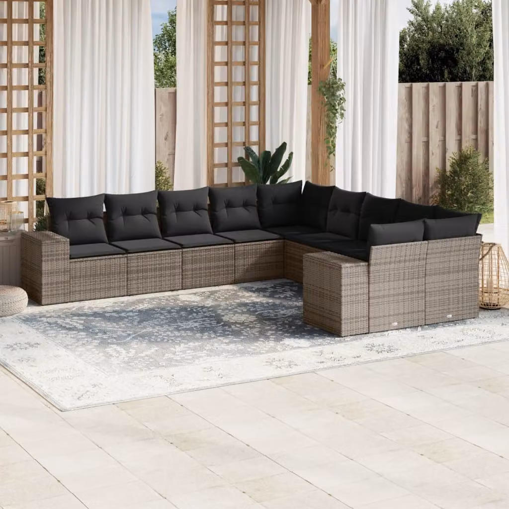 Set Divano da Giardino a L vidaXL 10 pz in Polyrattan Grigio con Cuscini Imbottiti e Coperture Rimosse – 1