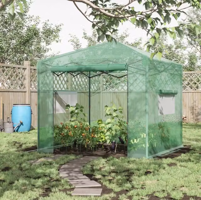 Serra pieghevole ULEVR 238x178x240 cm con porta e 2 finestre avvolgibili, copertura PE verde e telaio in acciaio