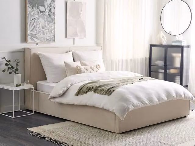 Letto King Size Beliani con Contenitore e Telaio a Doghe, Rivestimento in Tessuto Beige, L/P: 160 x 200 cm – 1