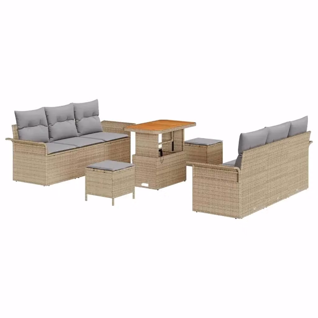 Set Divano da Giardino vidaXL in Polyrattan Beige con Cuscini, Tavolino e Ottoman, 9 Pezzi – 2