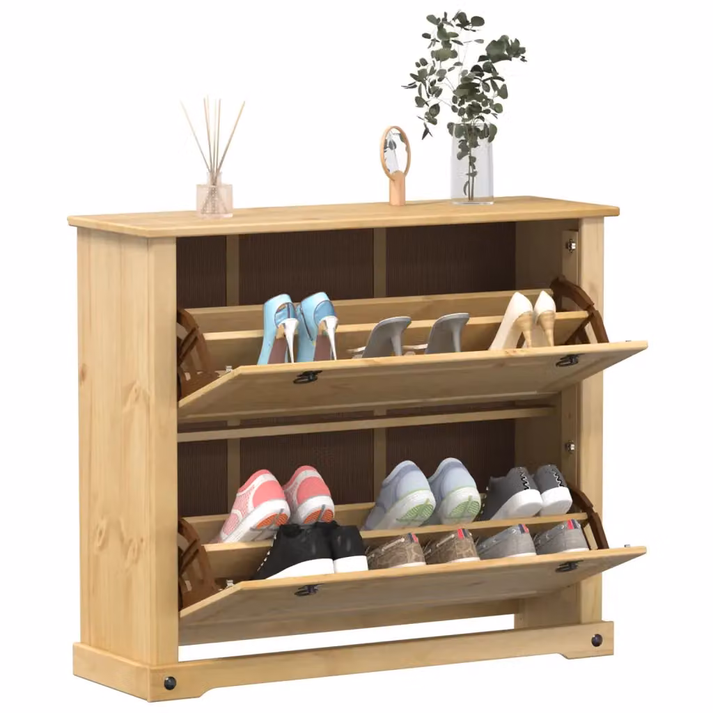 Scarpiera vidaXL Corona in legno massello di pino marrone, stile rustico, con vani basculanti e a muro, L: 99 cm, P: 32 cm, H: 85 cm