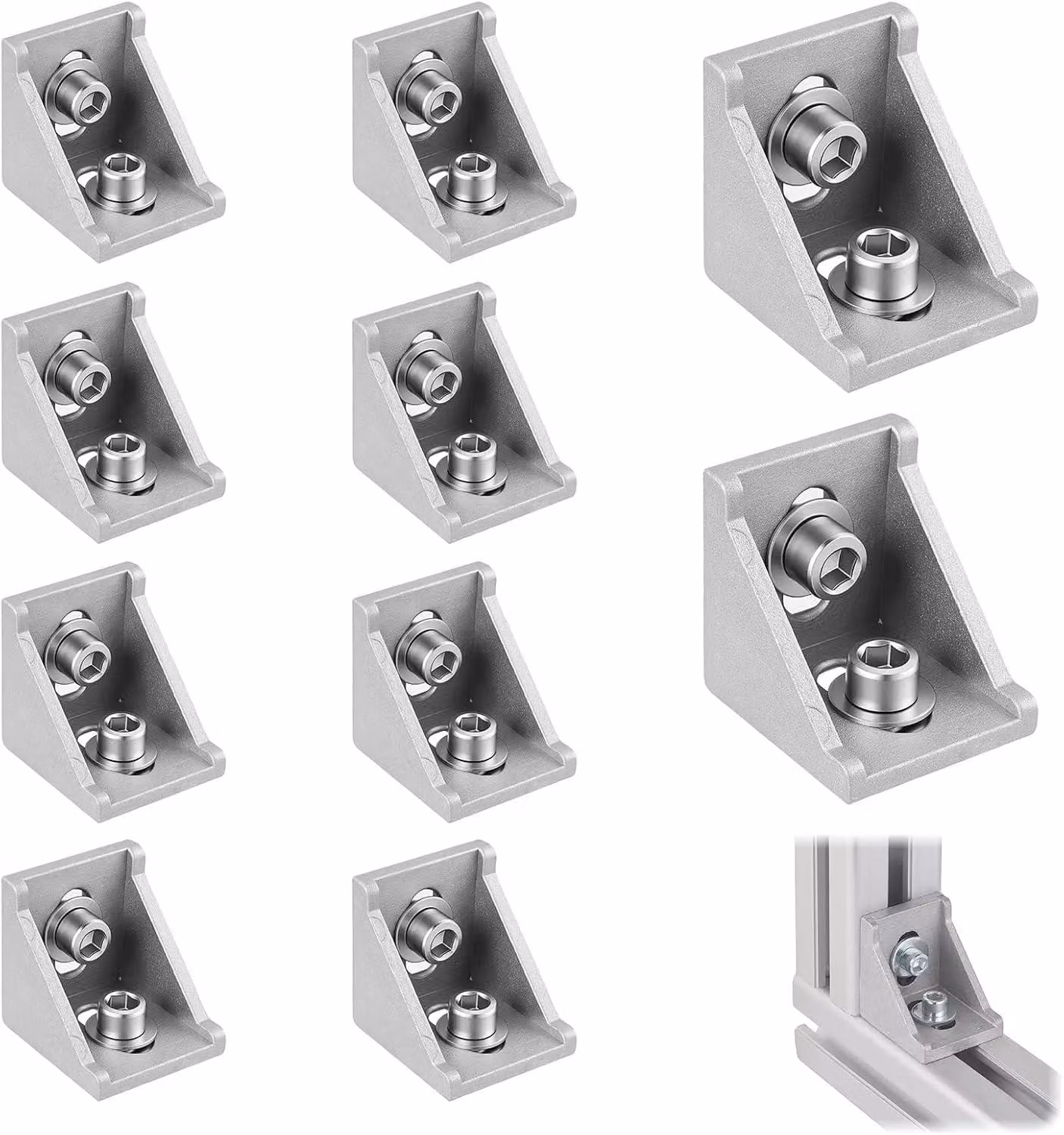 Kit di fissaggio in alluminio, composto da 10 pezzi, dimensioni 40 x 40 mm, con viti M8, per profili con scanalatura da 8 mm