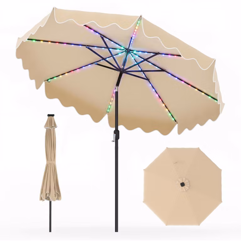 Ombrellone COSTWAY da 270 cm con luci LED colorate, 12 modalità di illuminazione, ombrellone da giardino pieghevole di 30° su entrambi i lati, ombrellone per terrazza con manovella e volantino, colore beige