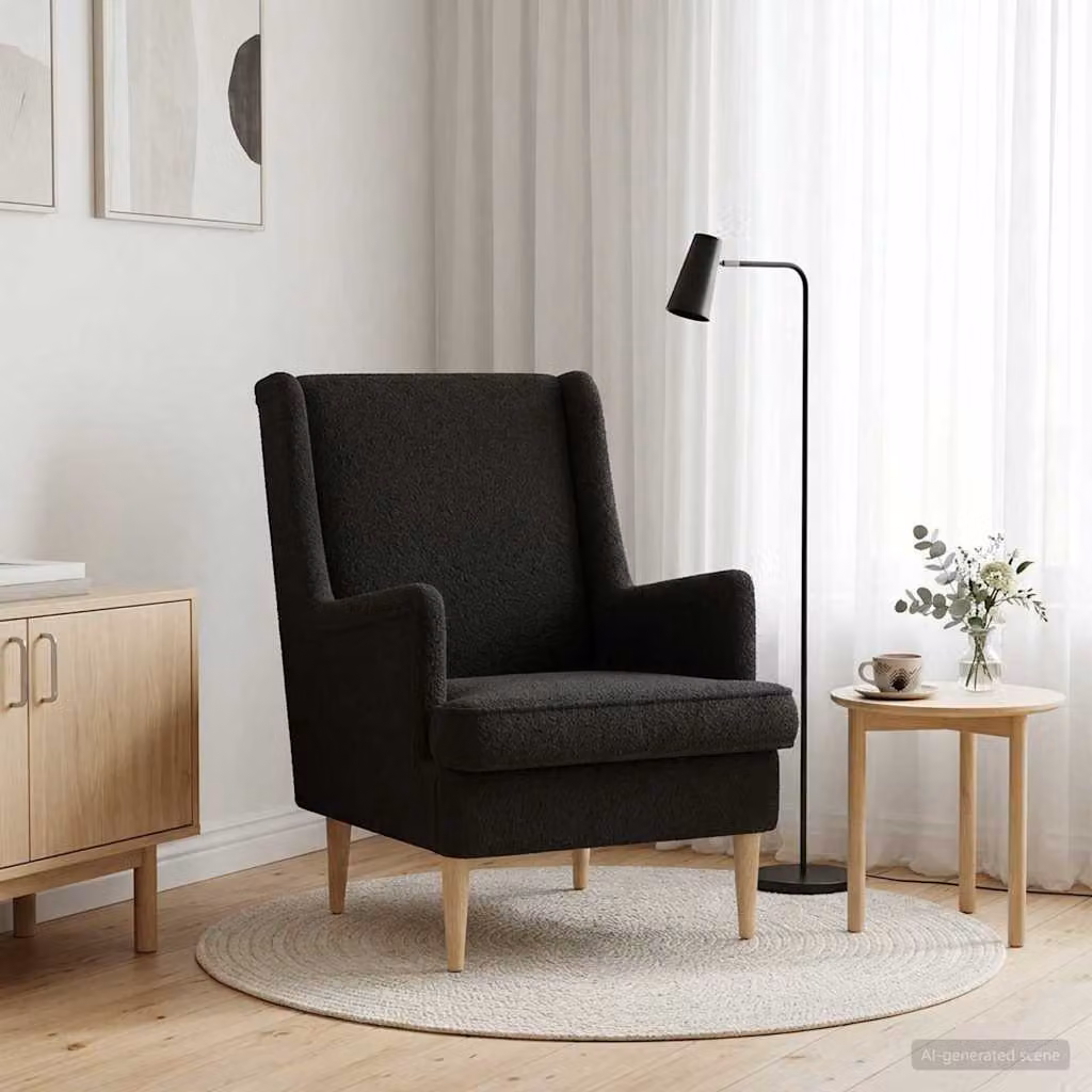 Poltrona moderna vidaXL in tessuto bouclé nero con braccioli per soggiorno e camera da letto L: 79 cm, P: 62 cm, H: 90 cm