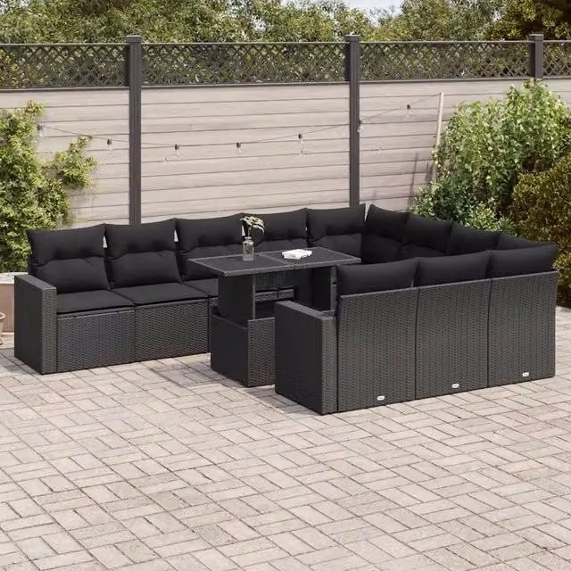 Set di divani da giardino vidaXL a forma di U composto da 11 pezzi con cuscini e tavolino da esterno nero – 1