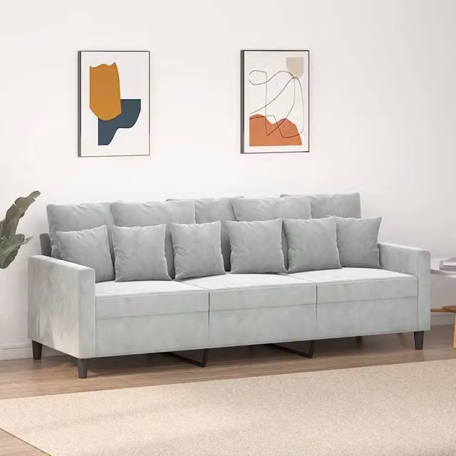 Divano Moderno a 3 Posti vidaXL in Velluto Grigio con Struttura in Metallo e Cuscini Inclusi L: 198 cm, P: 80 cm, H: 77 cm