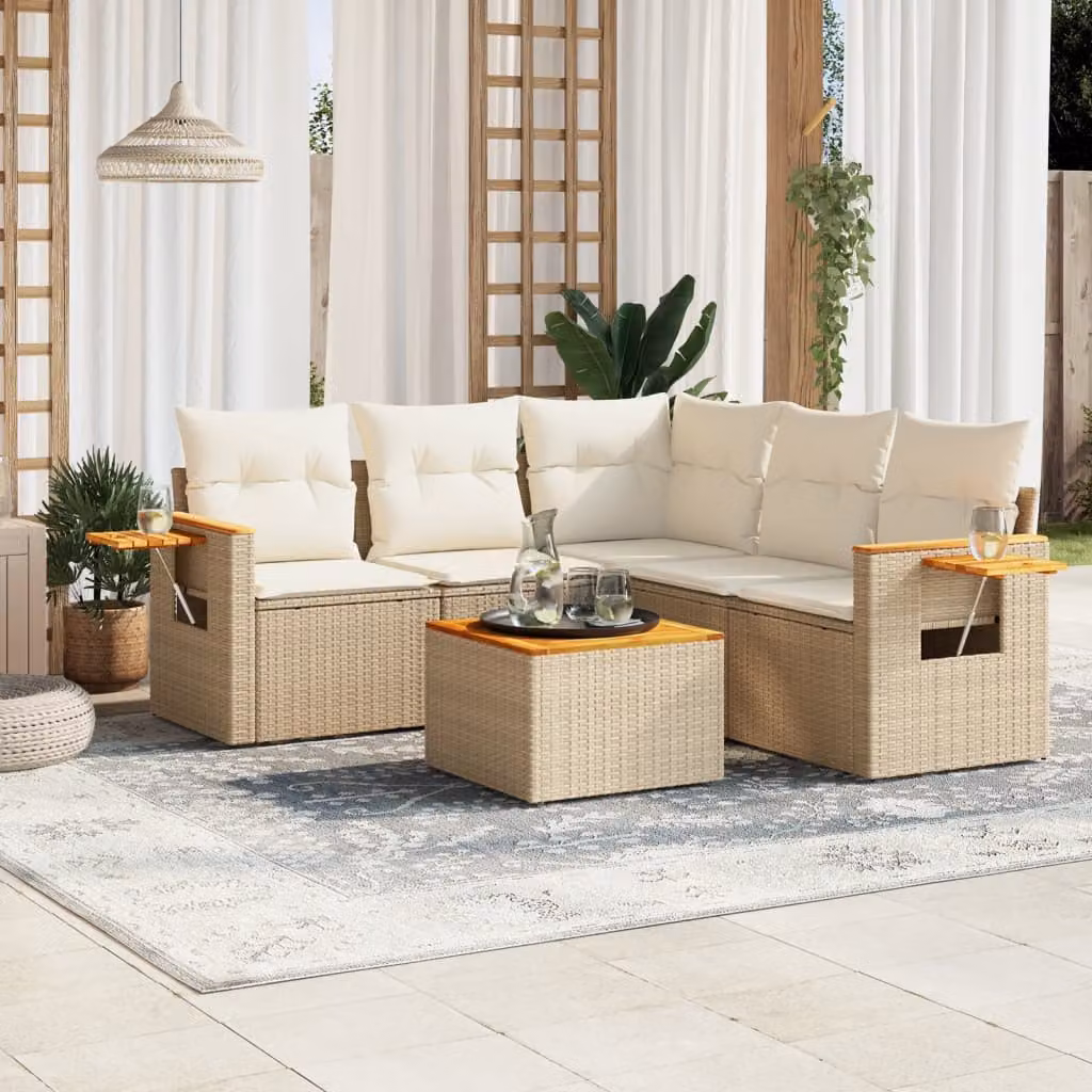 Set Divano da Giardino vidaXL 6 pz a Forma a L in Polyrattan con Cuscini Beige e Tavolino – 1