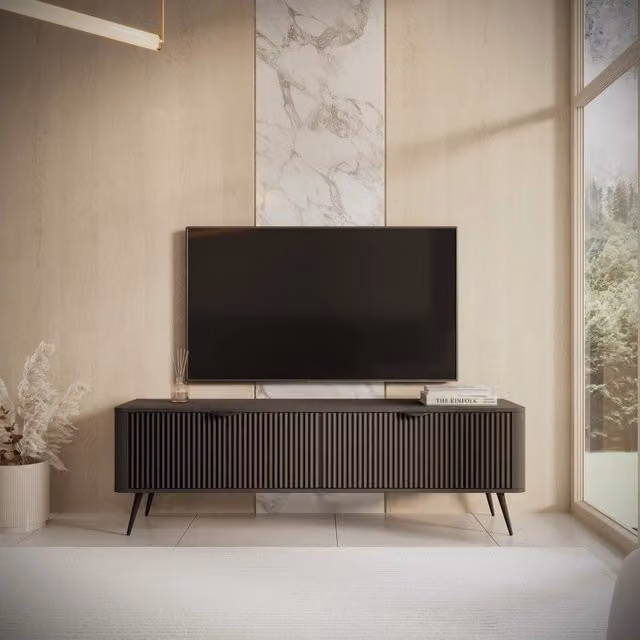 Mobile porta TV Kalase DMORA con 2 ripiani in legno e metallo, colore nero, L 163 cm x P 38 cm x H 51 cm
