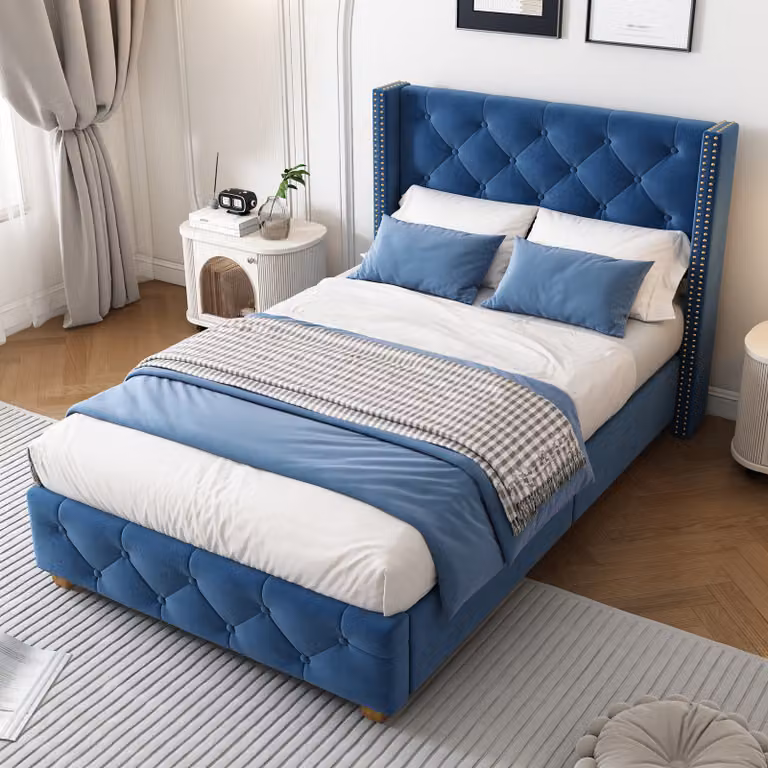 Okwish Letto imbottito, letto singolo 90×200 cm con doghe e testata, bottoni, imbottitura con borchie, velluto, blu, senza materasso