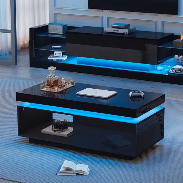 Set mobile TV da parete e tavolino da caffè Minimal nero lucido con luci LED – 1
