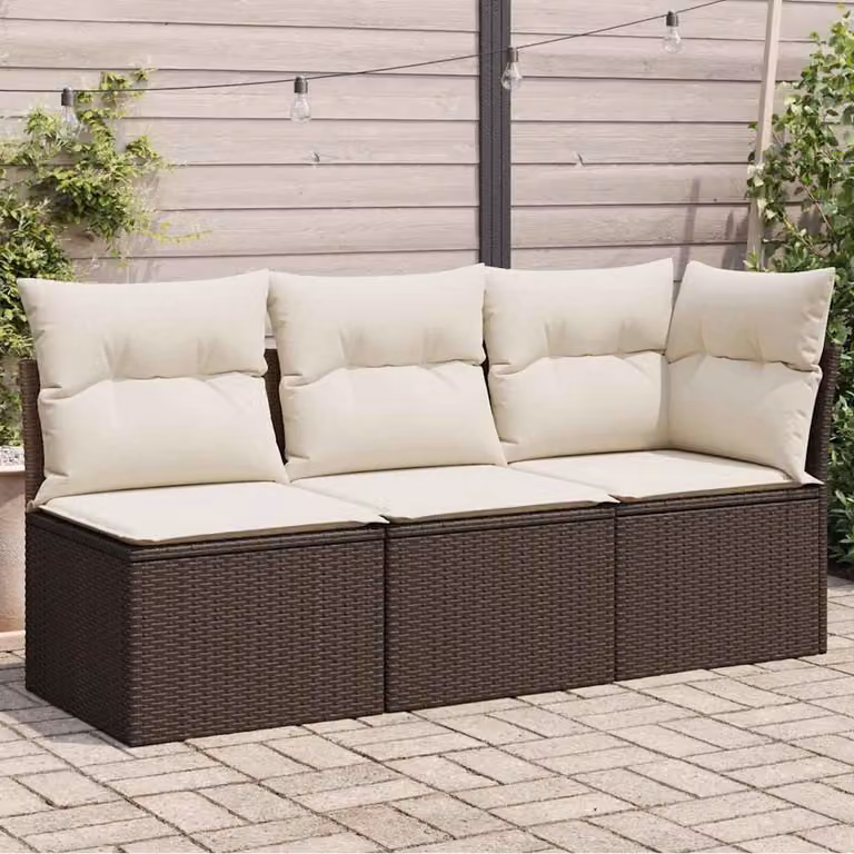 vidaXL Divano da Giardino Moderno a 3 Posti con Cuscini, Struttura in Metallo e Polyrattan, Marrone e Bianco