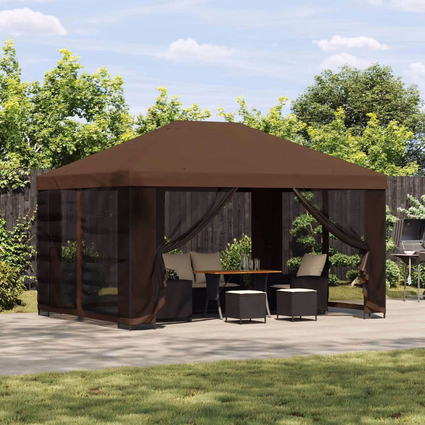 Gazebo da giardino vidaXL con pareti laterali in poliestere e struttura in acciaio galvanizzato, Marrone e Nero, L: 400 cm, P: 300 cm, H: 276,5 cm