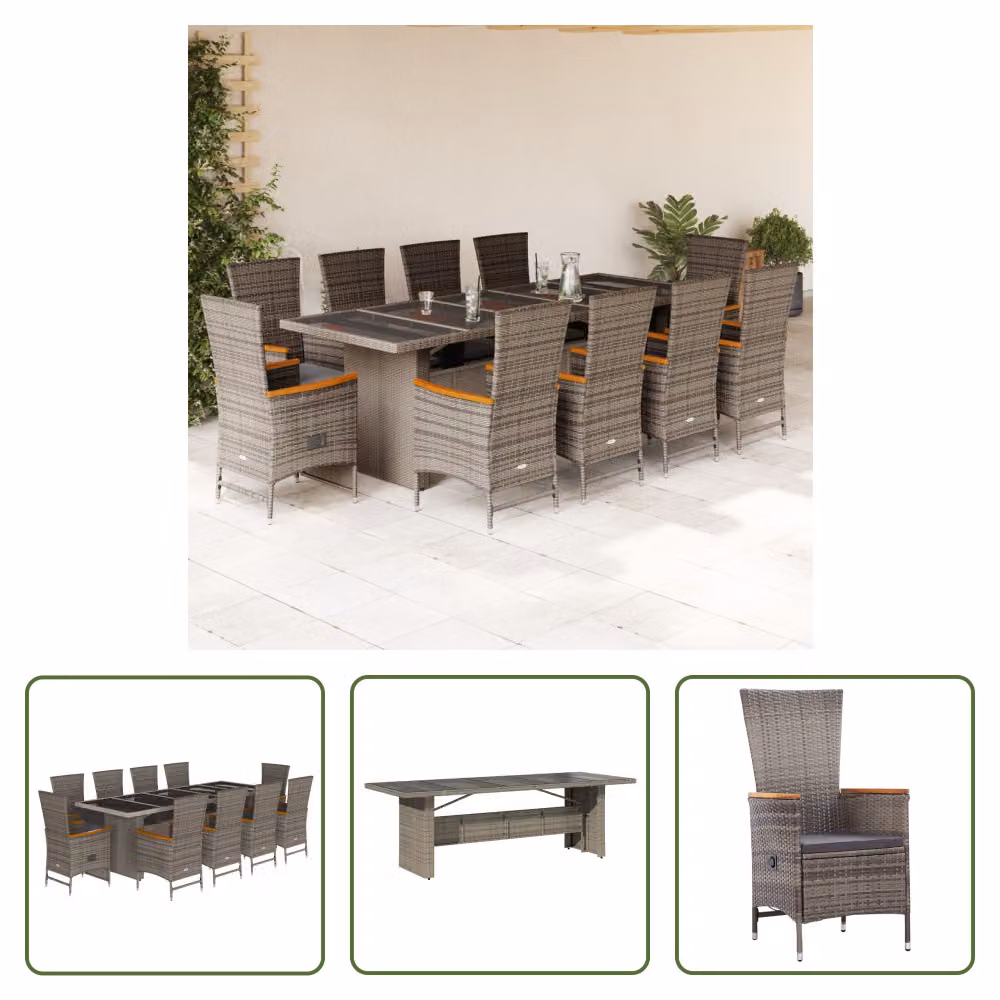 The Living Store Set da pranzo da giardino 11 pezzi con cuscini in poly rattan grigio