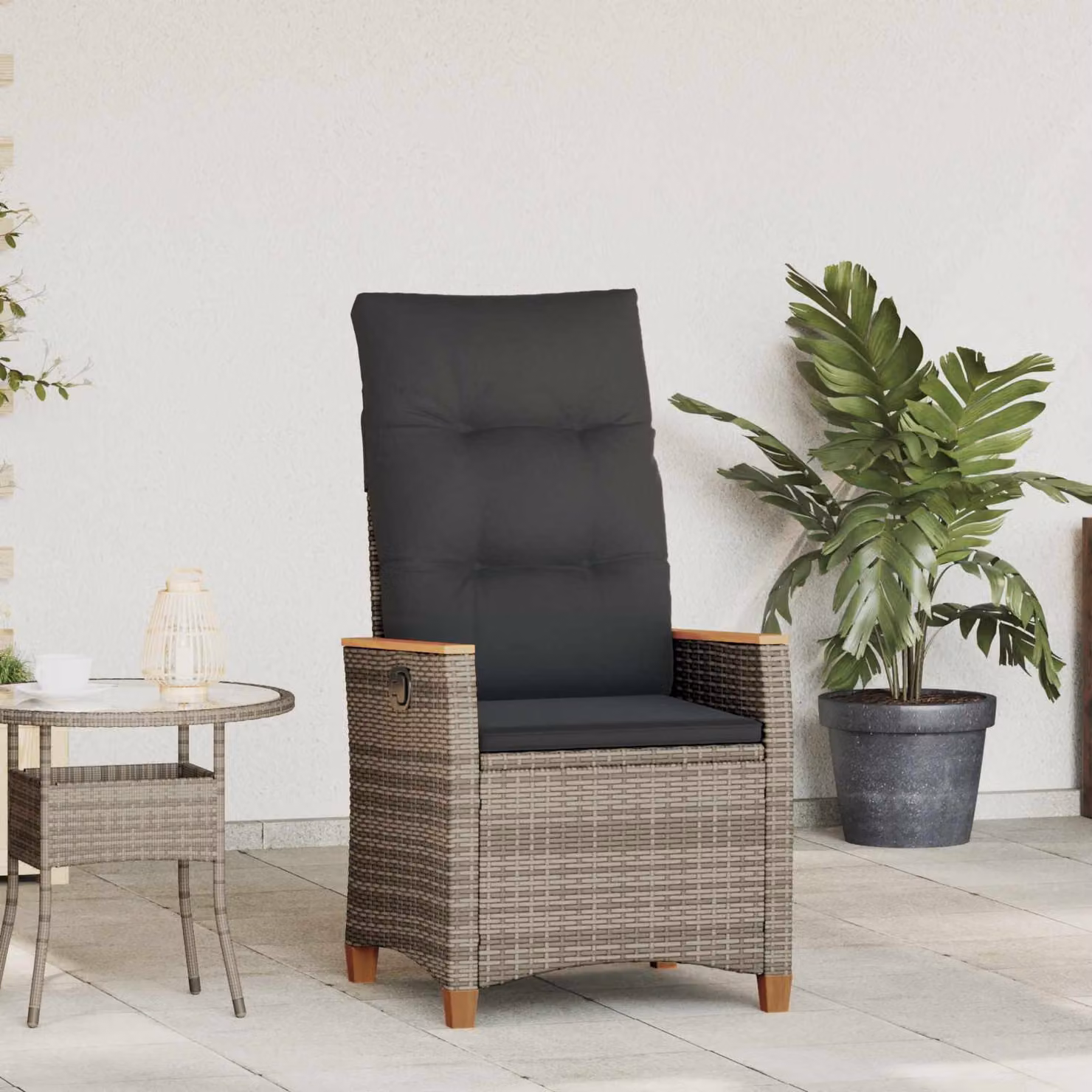 Sedia da giardino reclinabile vidaXL in polyrattan con cuscini, Grigio e Grigio Scuro