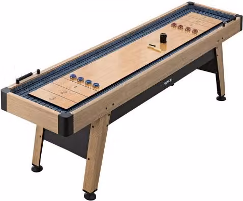 Tavolo da gioco Shuffleboard VEVOR con superficie antigraffio in MDF laminato marrone e gambe a piedistallo con livellatori, include 8 dischi, L/P/H: 270 x 60 x 80 cm