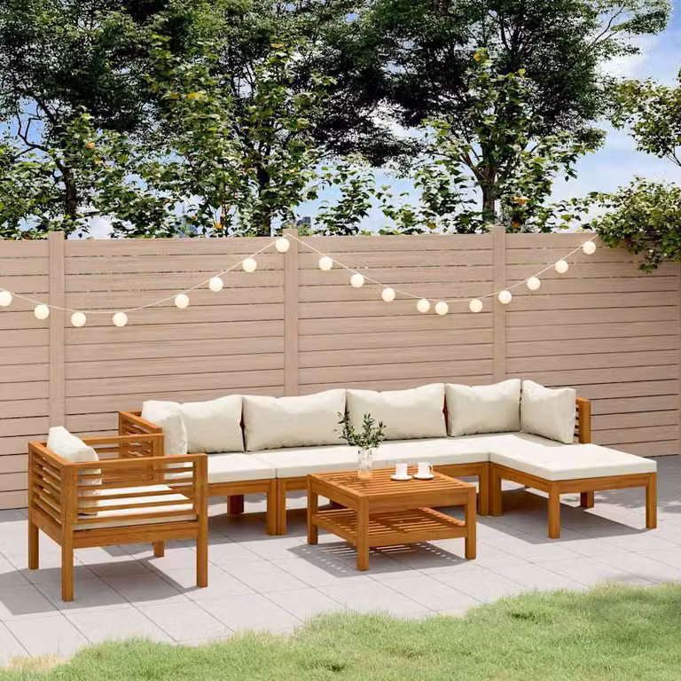 vidaXL Set Divani da Giardino 7 pz a Forma di L in Legno di Acacia con Cuscini Beige