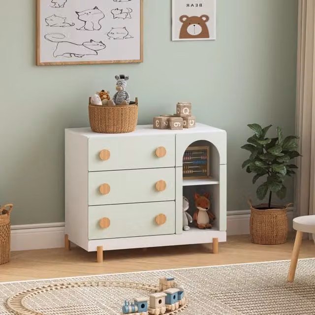 Cassettiera per cameretta Vaarentaa en.casa con 3 cassetti e 2 vani aperti, Bianco e Verde Menta, L: 79 cm, P: 41 cm, H: 66 cm