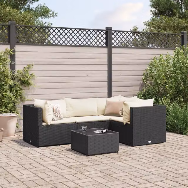 Set Divani da Giardino 5 pz con Cuscini Nero in Polyrattan 3308080