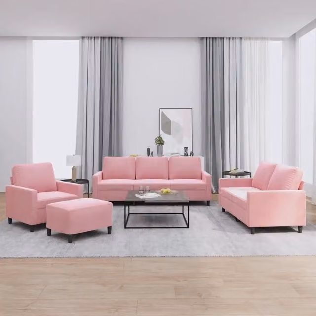 Set di divani 4 pezzi vidaXL in velluto rosa con pouf e cuscini per soggiorno moderno
