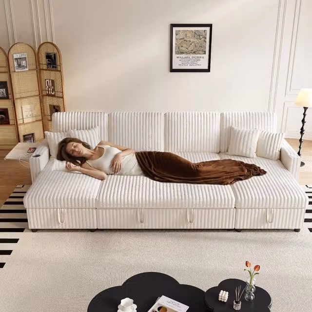 Divano letto ¨C Minimal ¨C Beige in tessuto con doppio spazio contenitore
