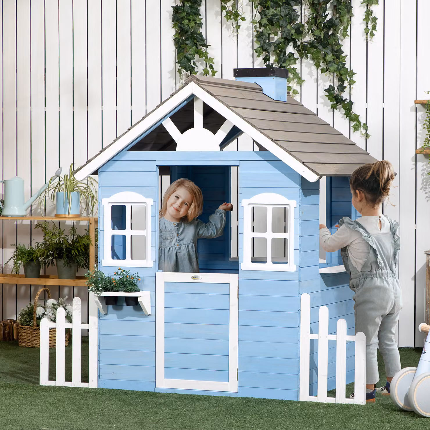 Casetta per bambini in legno Outsunny da esterno, colore blu, L: 151 cm, P: 112,5 cm, H: 142 cm – 2