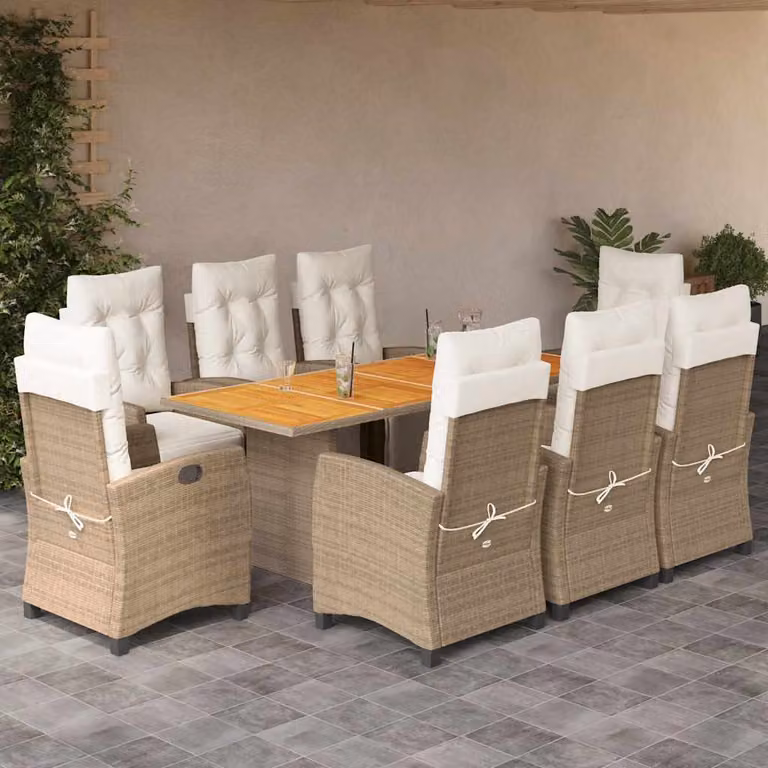 Set da Pranzo da Giardino vidaXL in Polyrattan con Cuscini Beige e Legno di Acacia, 9 Pezzi