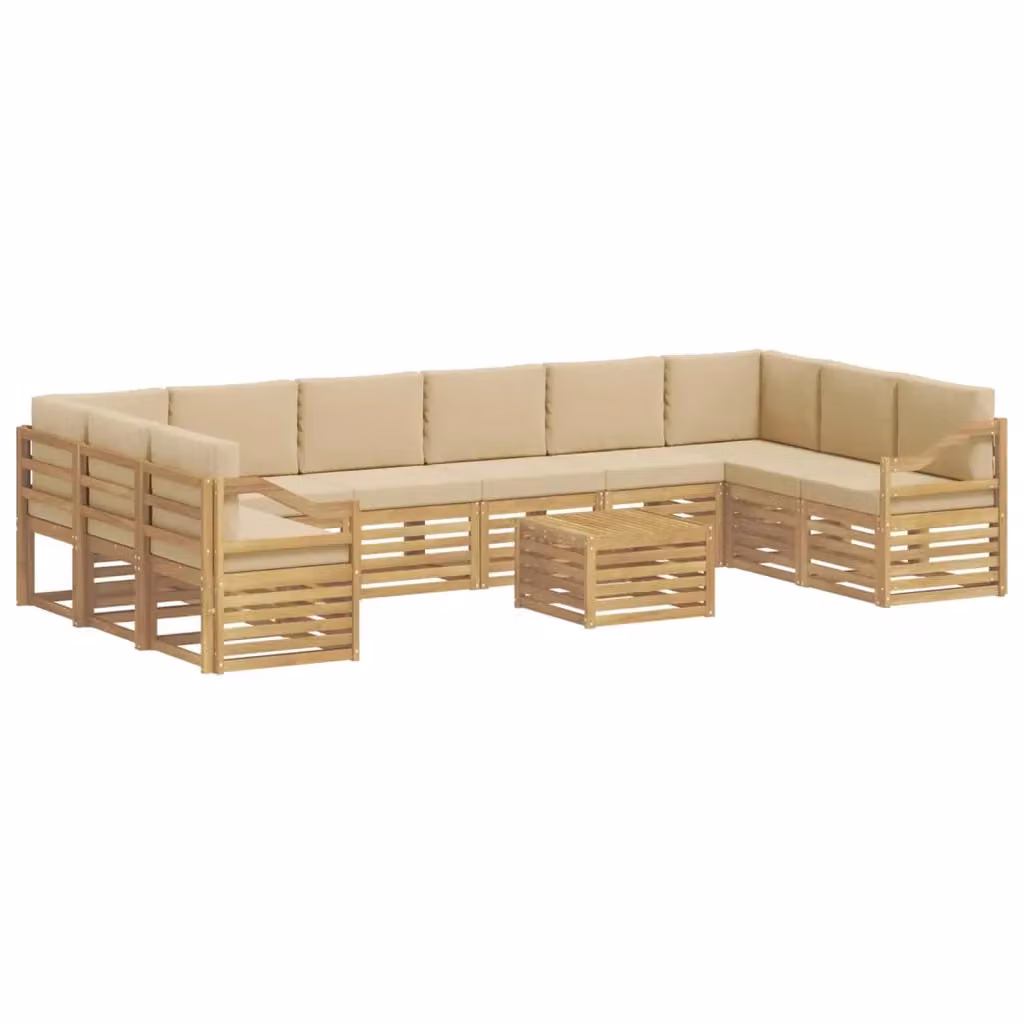 Set di divani da esterno vidaXL a forma di L composto da 11 pezzi con tavolino da caffè, in legno di acacia trattato e tessuto resistente ai raggi UV, colori bianco e beige – 2