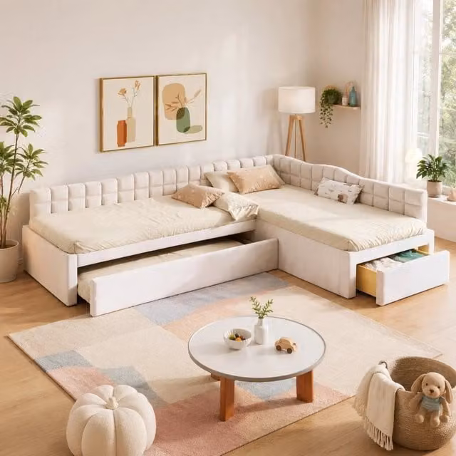 Letto imbottito angolare 90x200 beige con letto estraibile