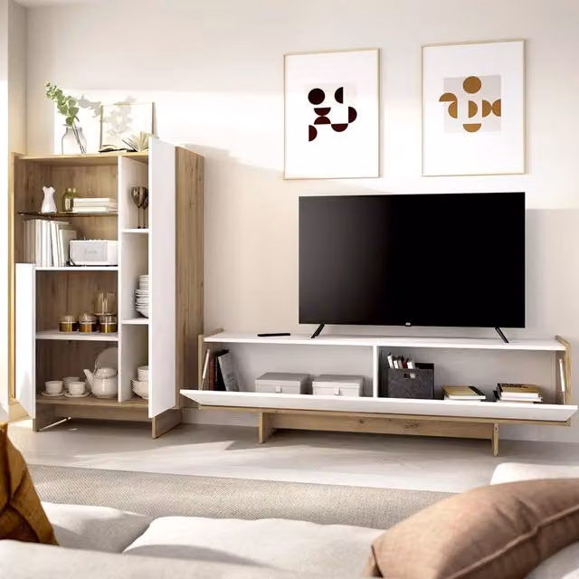 Set Mobili da Soggiorno DMORA in Legno e Vetro, Bianco e Marrone, Stile Moderno Matt – 1
