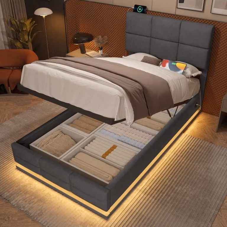 Letto imbottito 90x200 cm con testiera regolabile in altezza, porte USB/Type-C, luce LED dimmerabile e spazio contenitore con sistema idraulico, rivestito in velluto color grigio scuro