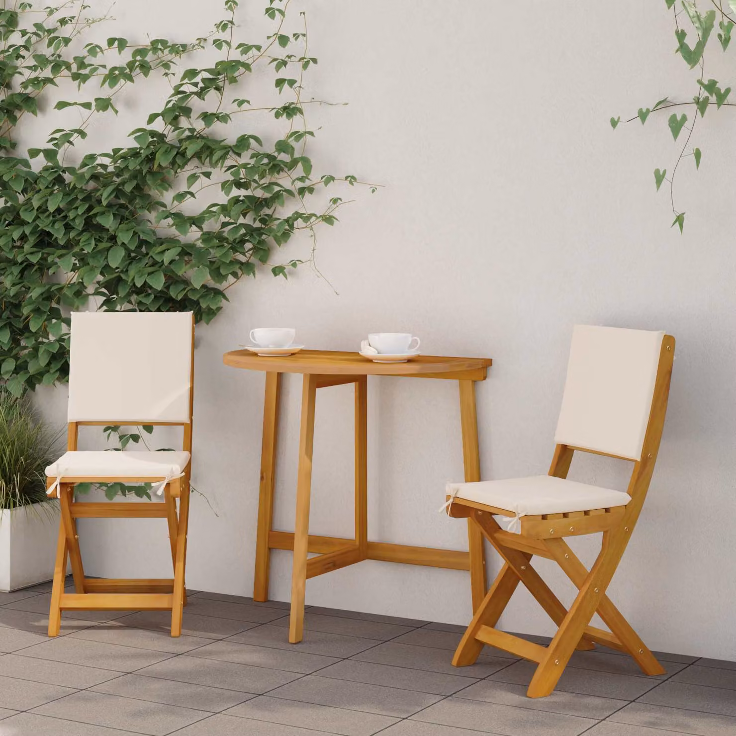 Set di 2 sedie da giardino bistro vidaXL in legno di acacia oliato color bianco e beige con tessuto da esterno