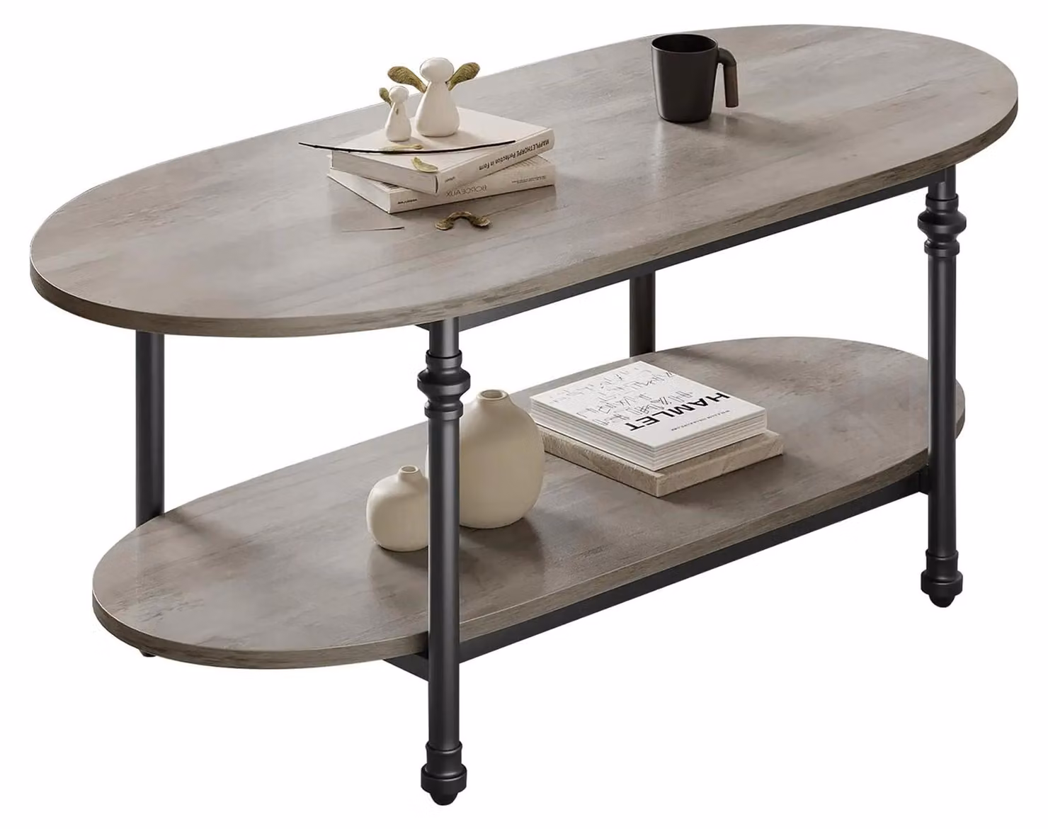 Tavolino ovale - Tavolino da soggiorno a 2 piani con ripiano - Gambe in metallo con design ispirato alle colonne romane - Spazio contenitivo - 120x54x43,5 cm - Grigio