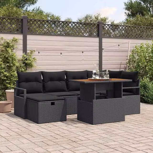 Set Divano da Giardino a L vidaXL in Polyrattan e Legno di Acacia con 7 Pezzi, Colore Nero e Marrone