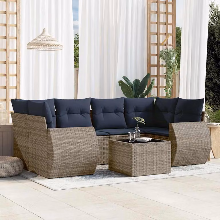 Set Divani da Giardino vidaXL 7 pz in Polyrattan Grigio con Cuscini e Tavolino da Esterno
