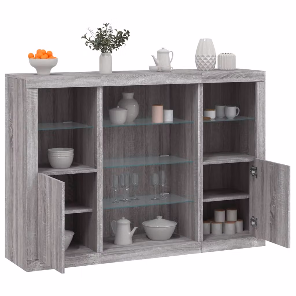 Set di 3 credenze moderne vidaXL con luci LED integrate in legno multistrato, colore grigio Sonoma – 1