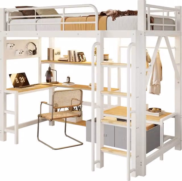 Letto a soppalco singolo Chicfurn bianco con scrivania, illuminazione LED, porta USB, ripiani e cassetti, L/P/H: 200 x 90 x 204 cm