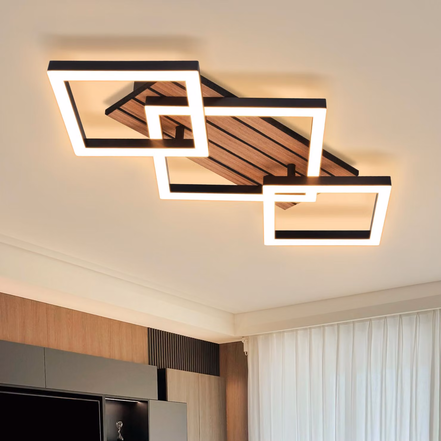 ZMH Lampada da soffitto a LED 58 cm - Lampada da camera da letto, lampada da soggiorno, 3000K, forma angolare, effetto legno, lampada da cucina per sala da pranzo e studio, nera